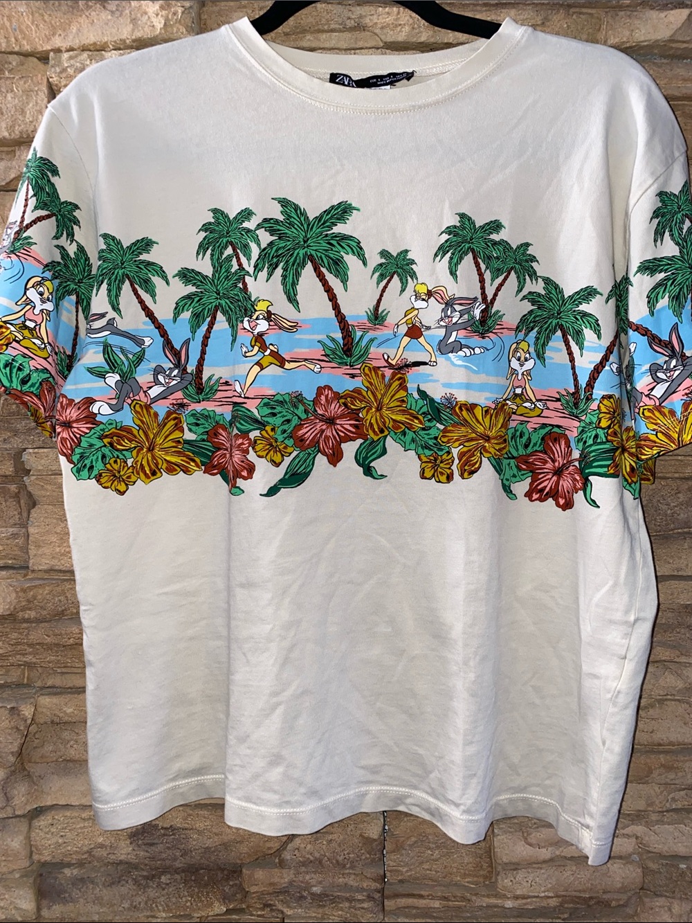Zara x Looney Tunes Cream Tropical Graphic T-Shirt Small